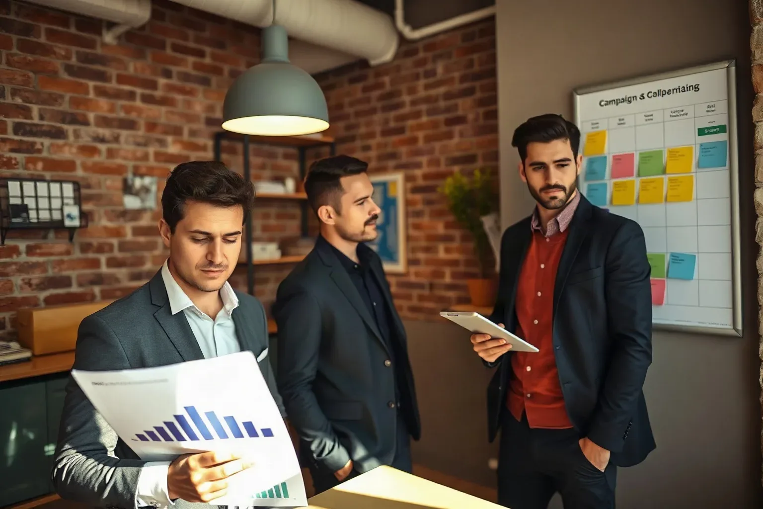 Two business professionals in smart-casual clothing in a compact office with exposed brick walls where one reads from a printed funnel analytics report held vertically while the other repositions colour-coded sticky notes on a wall-mounted campaign planning grid and a mounted pin board is visible to one side