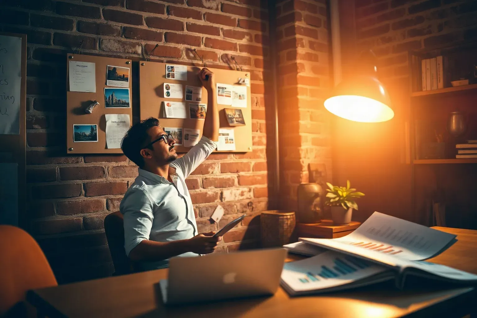 A marketing professional in a compact agency office with exposed brick walls reaching up to the top row of a mounted pin board and straightening a crooked audience segmentation card while a printed bar-chart analytics report is open flat on the desk below