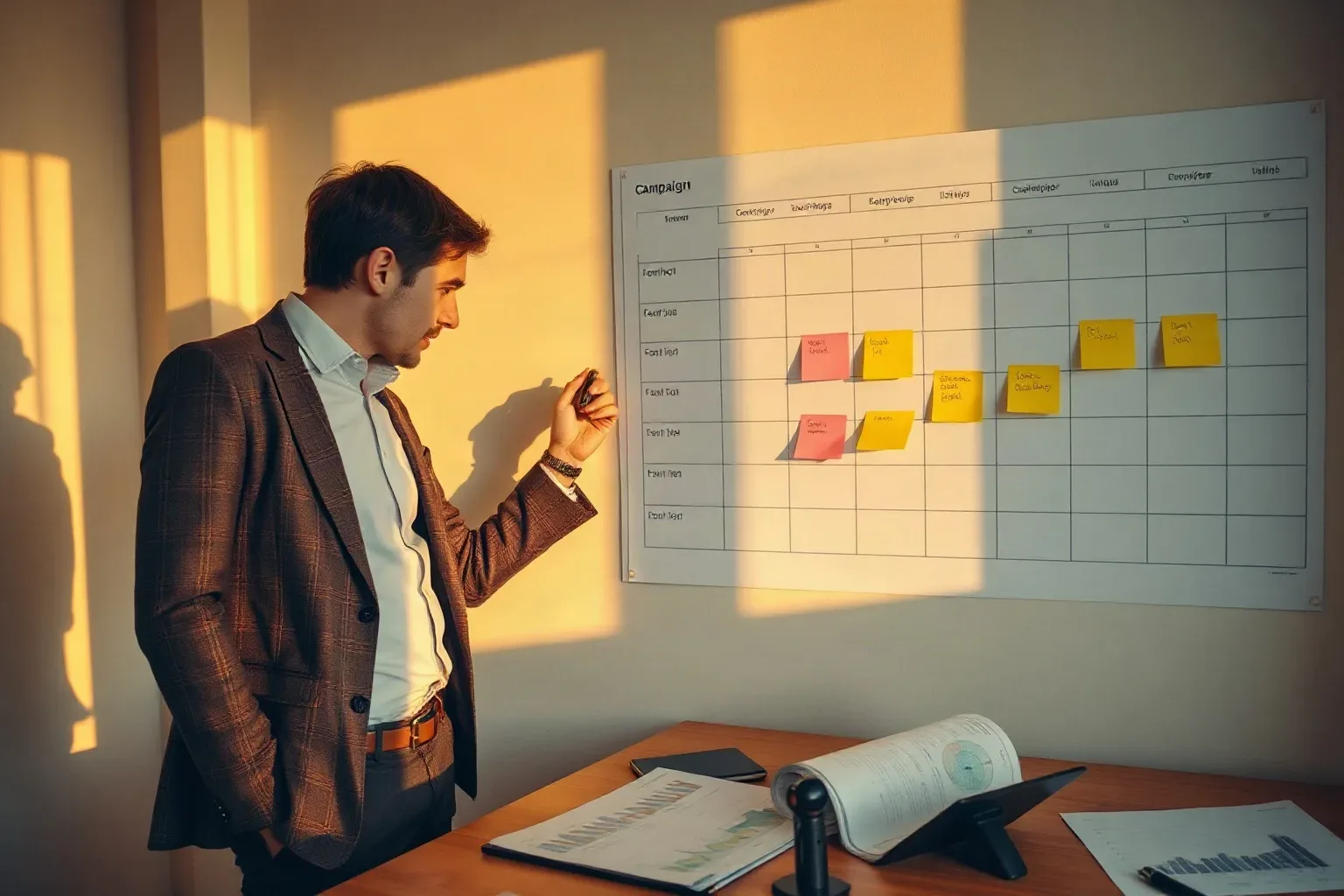 A person in a smart jacket stands at a wall-mounted planning grid covered in coloured sticky notes, holding a marker, with charts and documents on the desk below