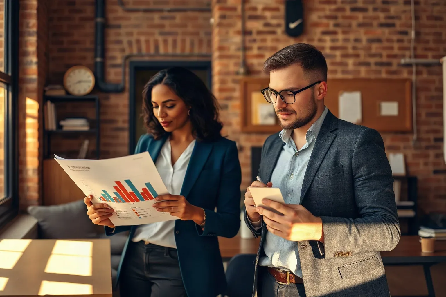 Two business professionals in smart-casual clothing in a compact agency office with exposed brick walls where one holds a printed bar-chart analytics report and reads a line aloud while the other writes a fresh audience segmentation card ready to pin to the mounted pin board