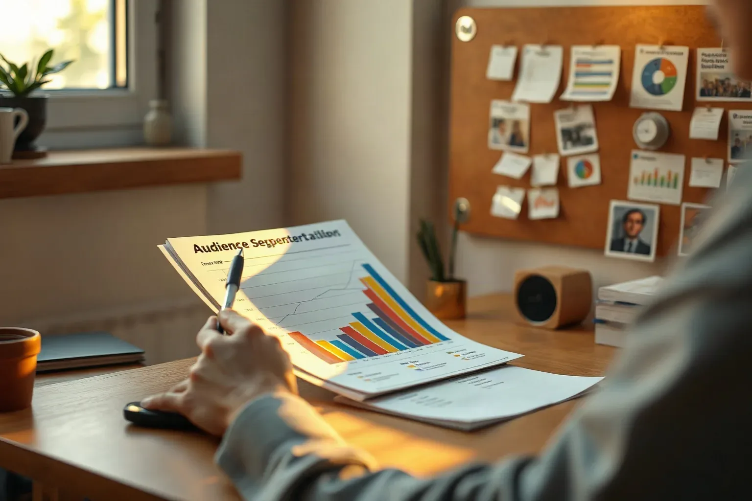 A person at a wooden desk holds a pen over a printed bar-chart report titled Audience Segmentation, with a cork pin board covered in notes and charts on the wall behind