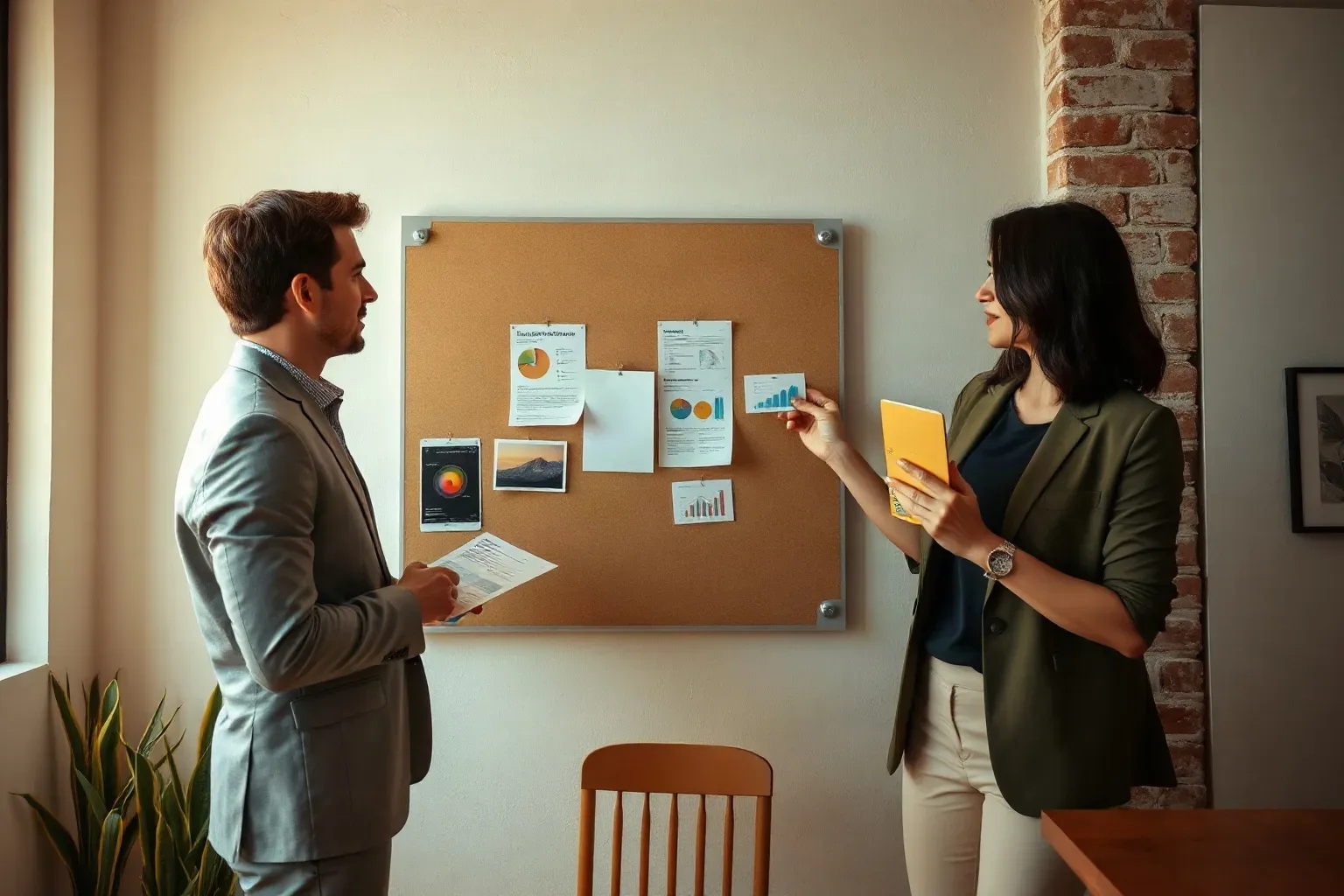 Two business professionals in smart-casual clothing standing at a mounted pin board in a compact office with exposed brick walls where one holds a printed funnel analytics report against the board surface while the other inserts a fresh audience segmentation card into an empty slot