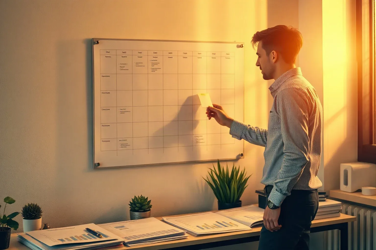 A person in a striped shirt places a sticky note onto a wall-mounted grid chart beside a desk covered in printed reports