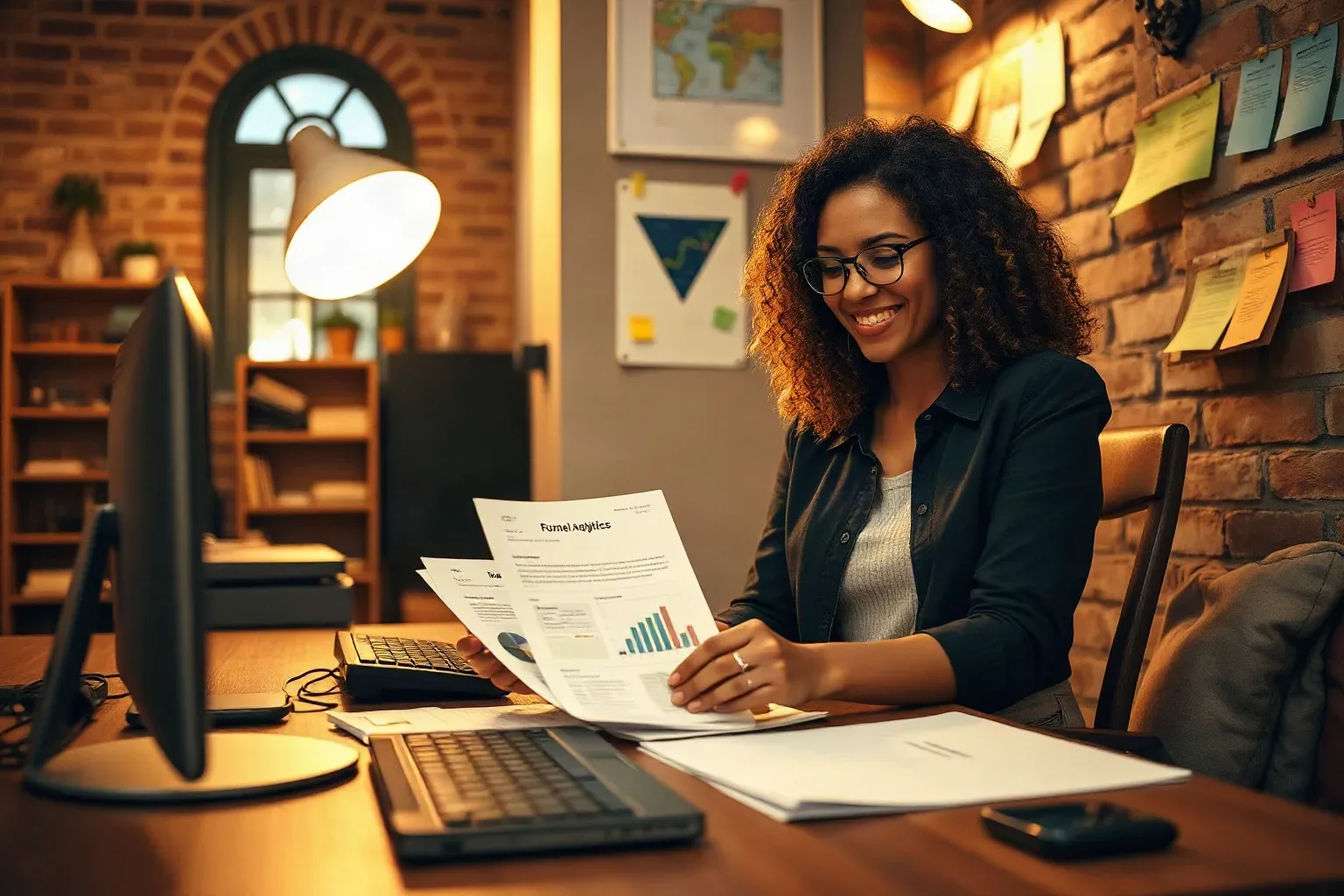 A marketing professional in a compact agency office with exposed brick walls gathering several printed funnel analytics reports from the desk and aligning their edges into a neat stack while a colour-coded sticky-note planning grid and a mounted pin board are both visible on the wall