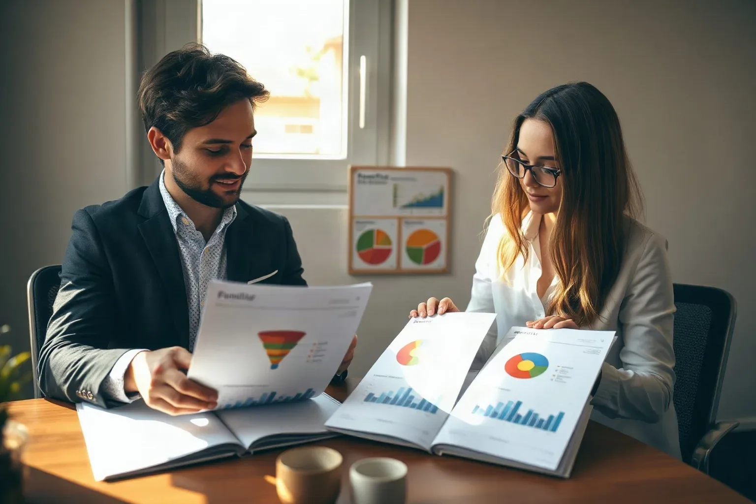 Two colleagues sit at a desk reviewing printed reports featuring charts and graphs, in a small office with a window and a chart display on the wall behind them