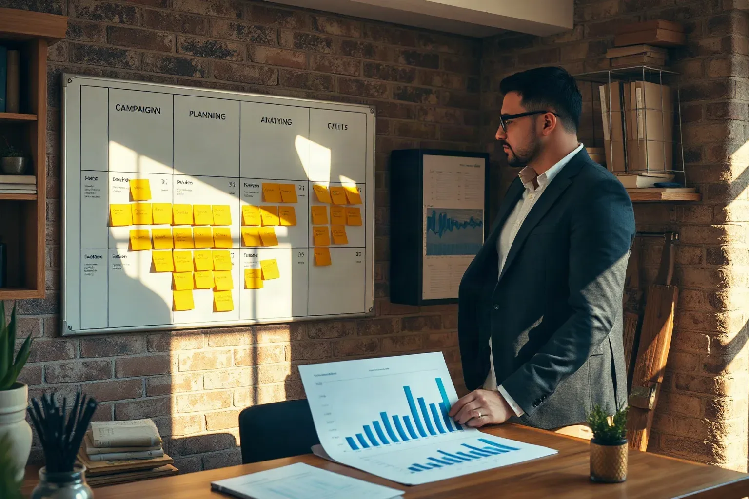 A professional in smart-casual clothing standing at a wall-mounted campaign planning grid in a compact office with exposed brick walls and separating the sticky notes into two clearly distinct colour groups while a printed bar-chart analytics report is folded back on the desk below