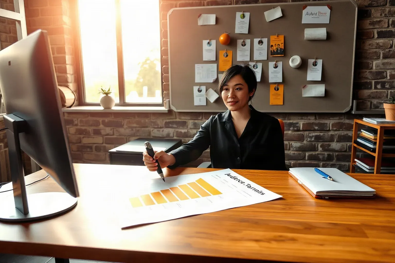 A marketing professional at a compact agency desk with exposed brick walls using a wireless presenter clicker to draw a straight line across a printed funnel analytics report laid flat while audience segmentation cards are grouped into regional sections on the mounted pin board behind