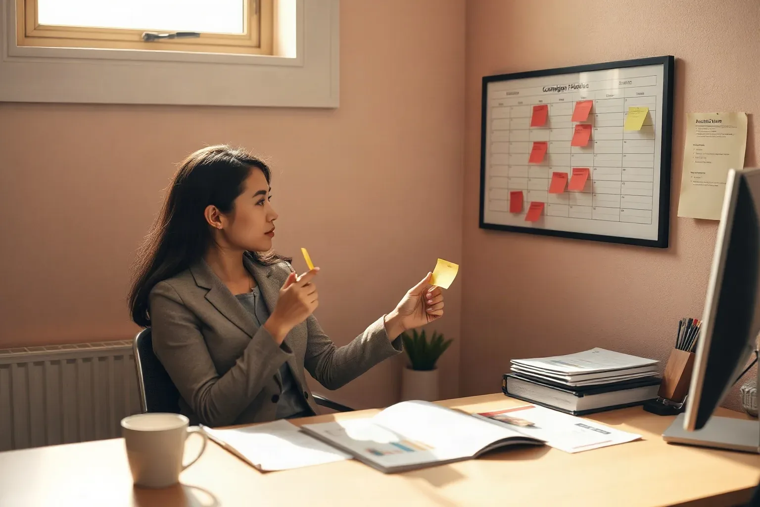 A person in a blazer sits at a desk holding sticky notes and a pen, looking towards a wall-mounted calendar covered in coloured sticky notes